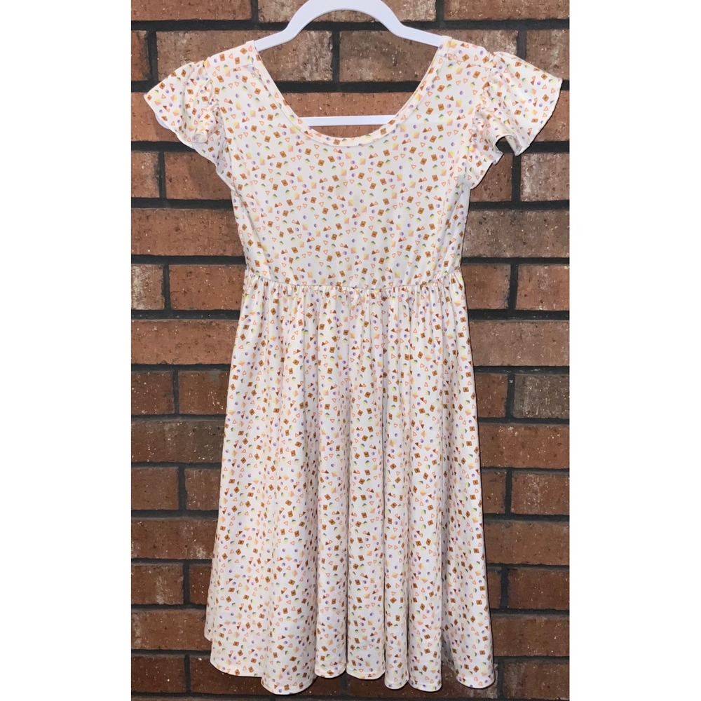 DotDotSmile Girls White Geometric Print Flutter Sleeve Jersey Dress Size 7